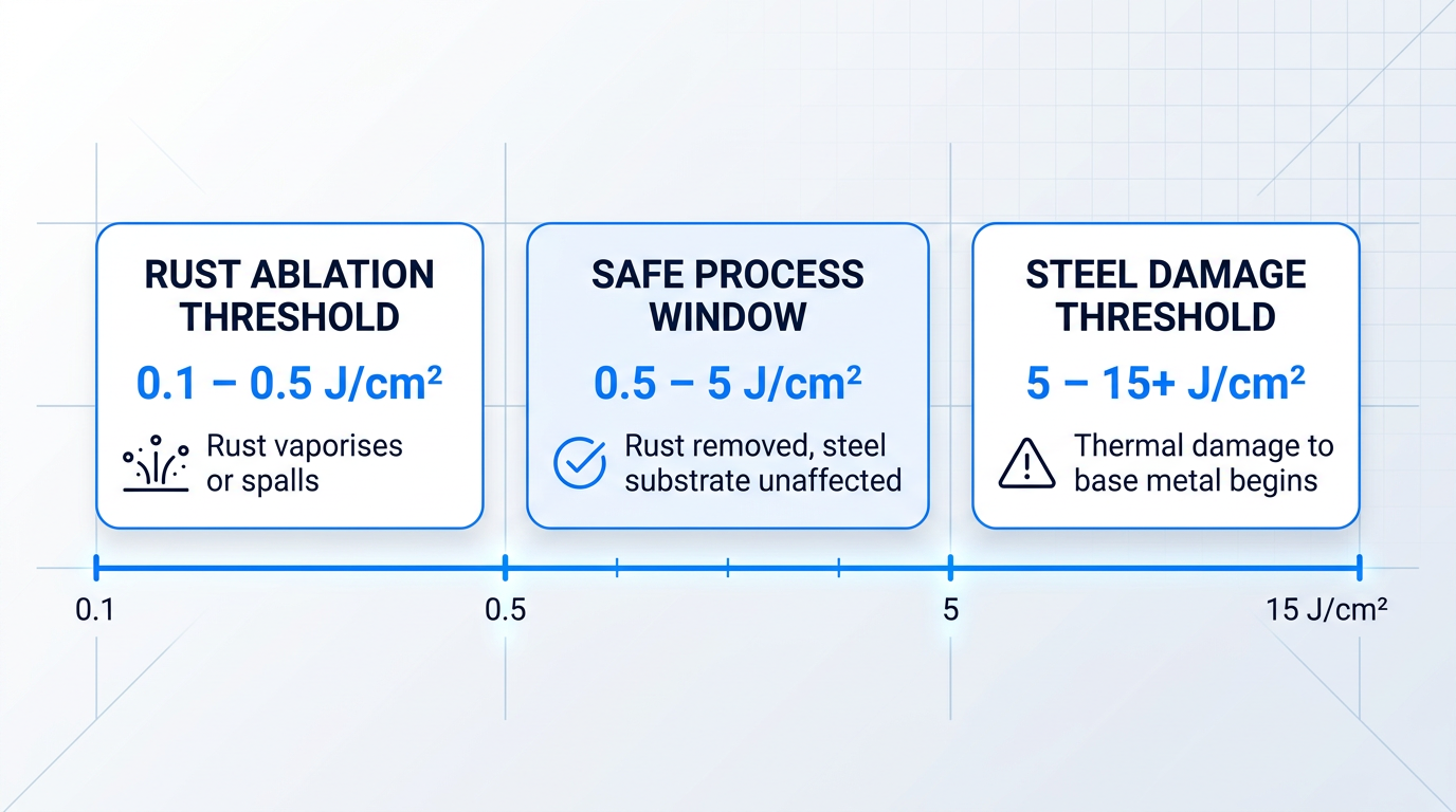 Horizontal fluence axis showing three operational zones: rust ablation threshold (0.1–0.5 J/cm²), safe process window (0.5–5 J/cm²), and steel damage threshold (5–15+ J/cm²), with labeled containers and threshold dividers.