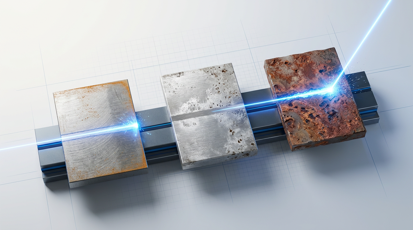 Three metal substrates—carbon steel, aluminium alloy, and cast iron—positioned horizontally with varying rust severity from light oxidation to heavy pitting, unified by a single electric blue laser beam sweeping across all three surfaces showing treatment interaction differences.