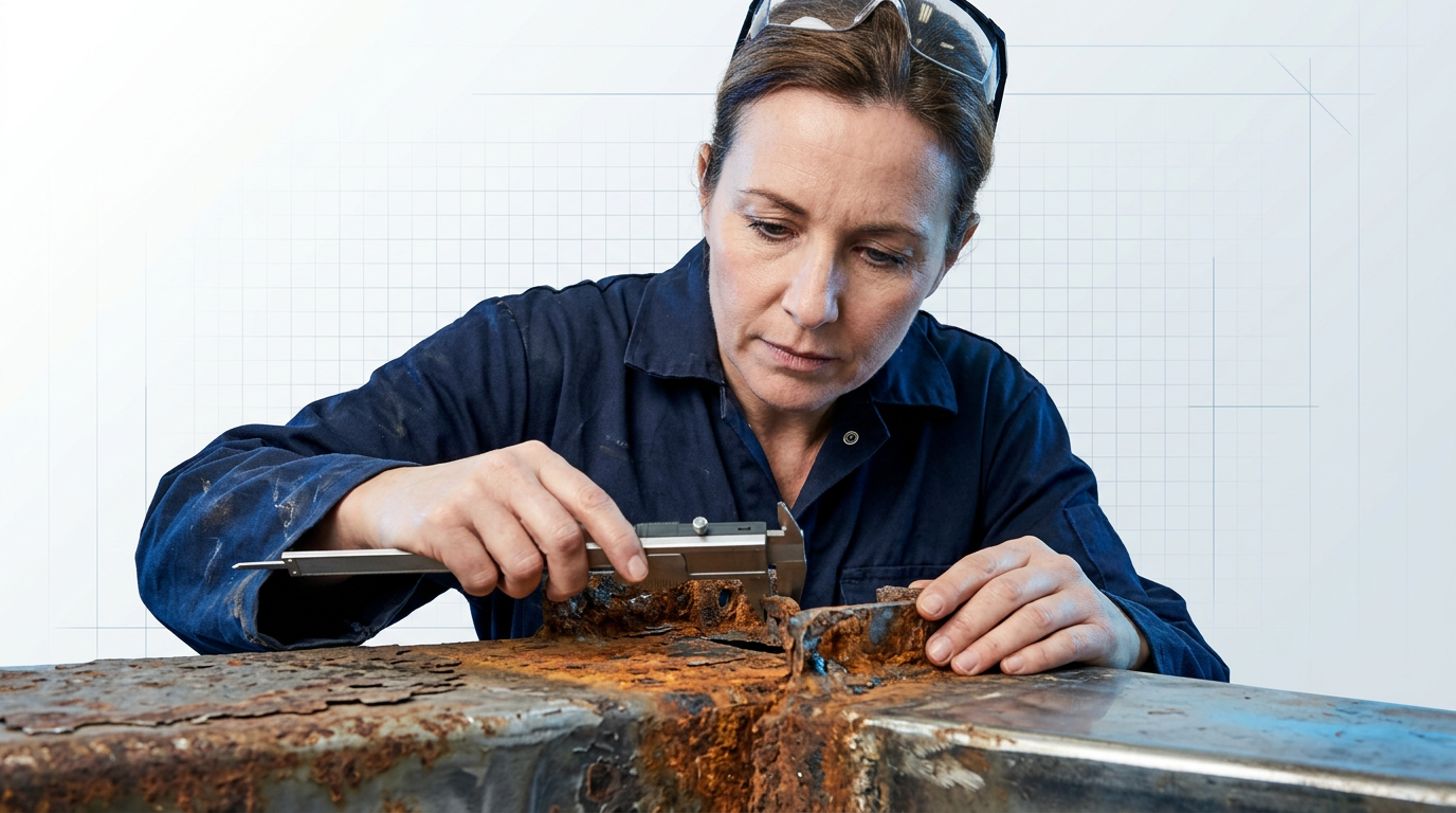 Technician in navy coveralls leaning closely over a heavily corroded steel surface, examining rust grades and pitting with inspection instrument in hand under cool directional lighting.