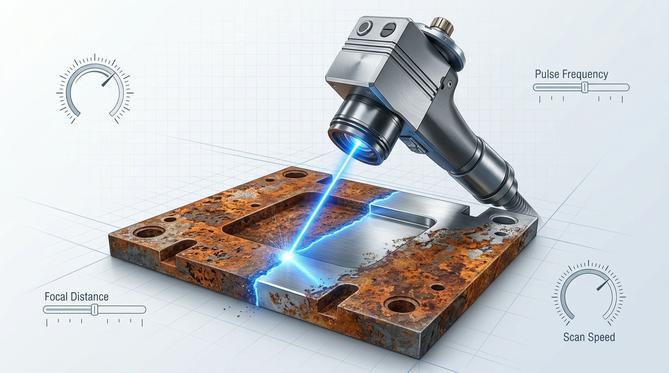 Laser scanner head in close-up operation striking corroded steel surface with electric blue beam, revealing clean polished metal on one side and rust-covered steel on the other, with four parameter control dials positioned around the periphery.
