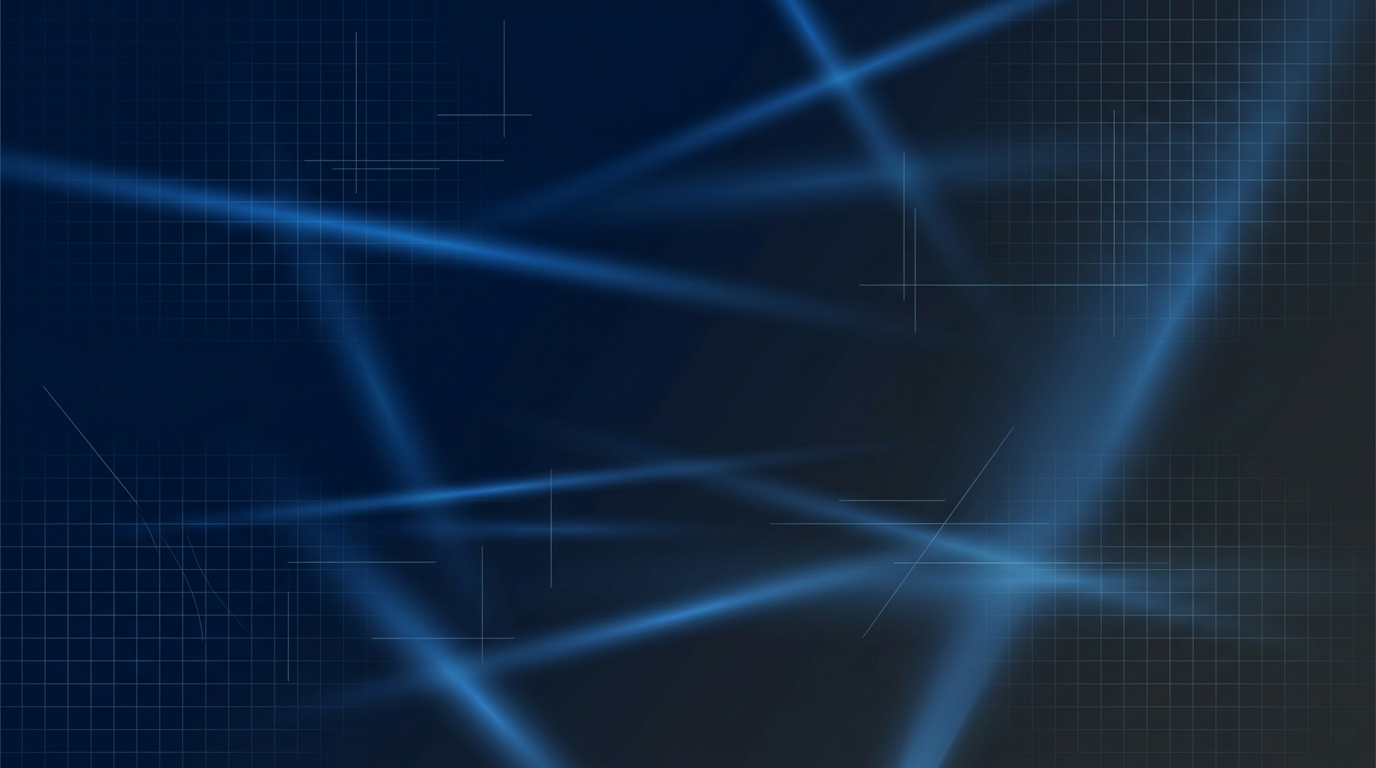 Abstract industrial background with deep navy-to-charcoal gradient and diffused electric blue laser beam traces suggesting precision manufacturing environment with faint geometric grid patterns.