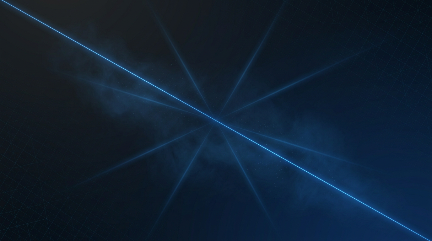 Deep navy gradient background with diagonal electric blue laser beam traces and atmospheric particle effects suggesting precision manufacturing laser systems.