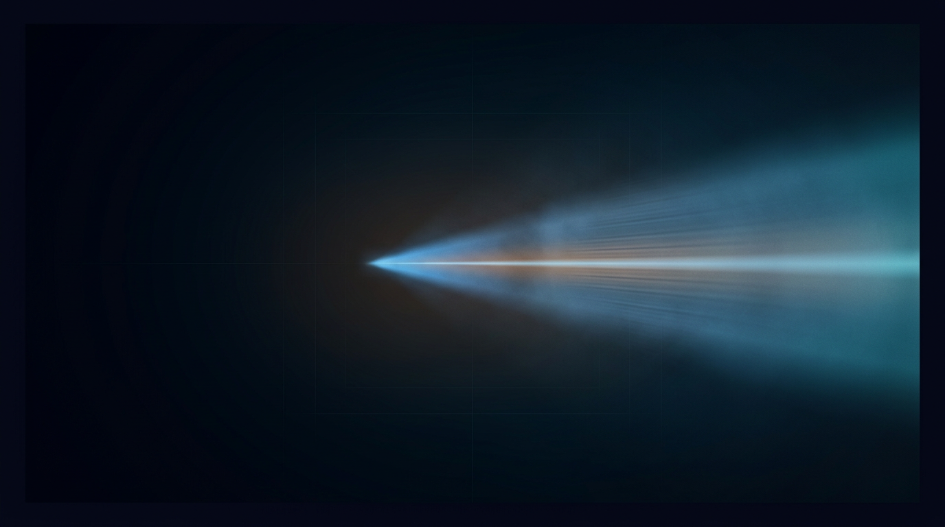 Deep near-black background with a soft diffused laser beam cutting through center, electric blue light with warm-to-cool gradient radiating outward, subtle atmospheric particulates and faint grid lines suggesting precision laser technology.