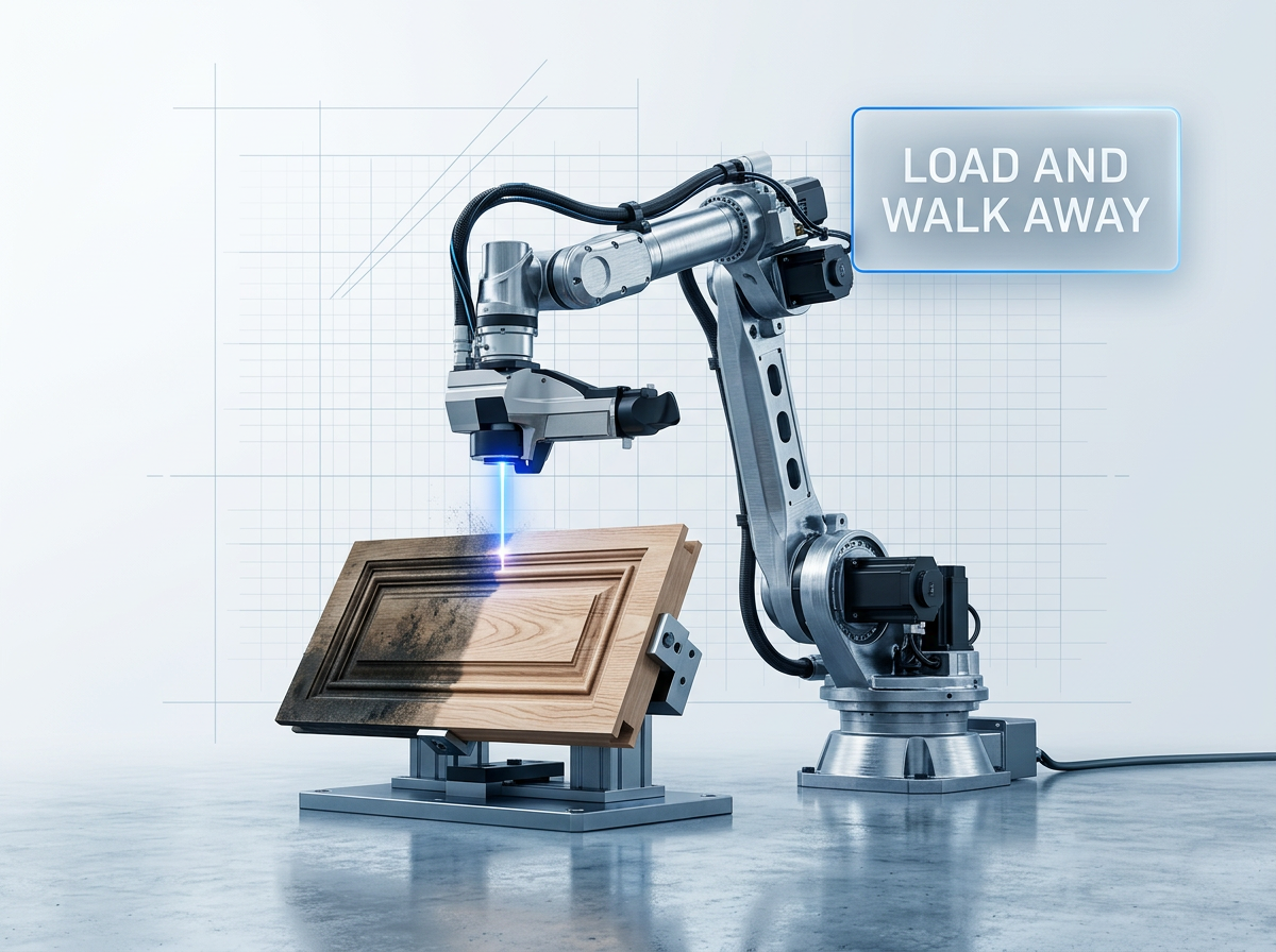 Articulated robotic arm with laser cleaning head positioned over a carved wooden panel inside an industrial production facility, with electric blue laser light visible at the contact point and a 'Load and walk away' badge in the upper right.