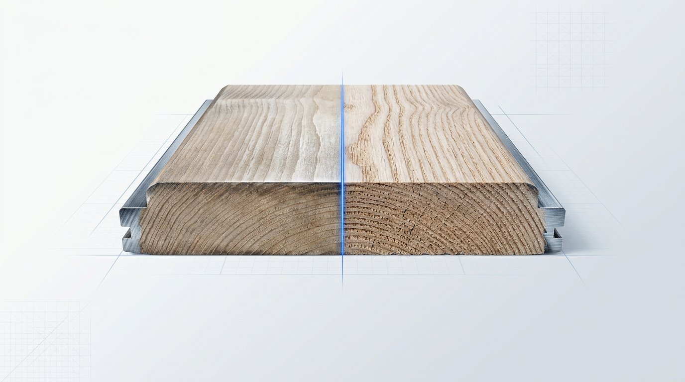 Planed timber cross-section split by electric blue laser line: left side shows glazed, compressed grain surface; right side displays opened grain texture ready for adhesion.