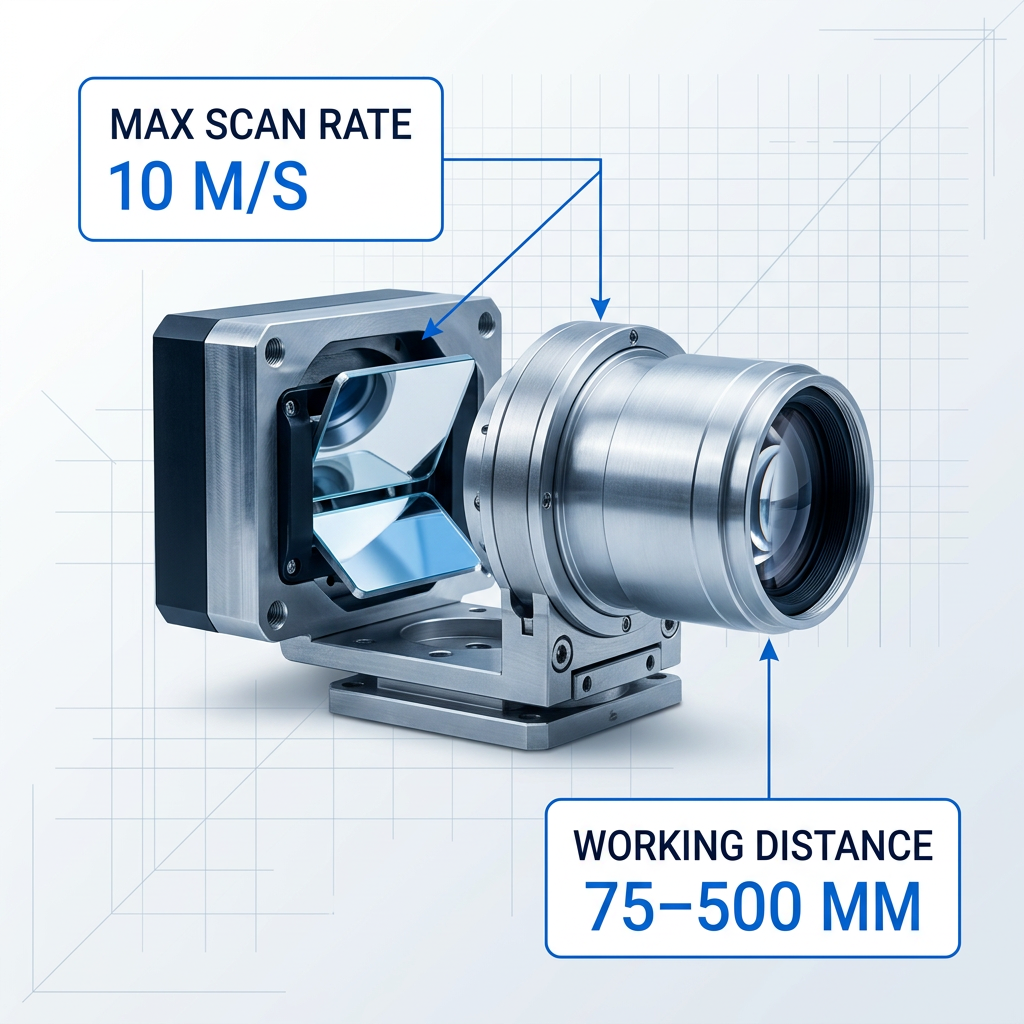 Close-up of galvanometer scanner head with F-Theta lens assembly mounted on precision mechanical base, brushed aluminum barrel with reflective mirrors, positioned on light technical background with engineering grid pattern.