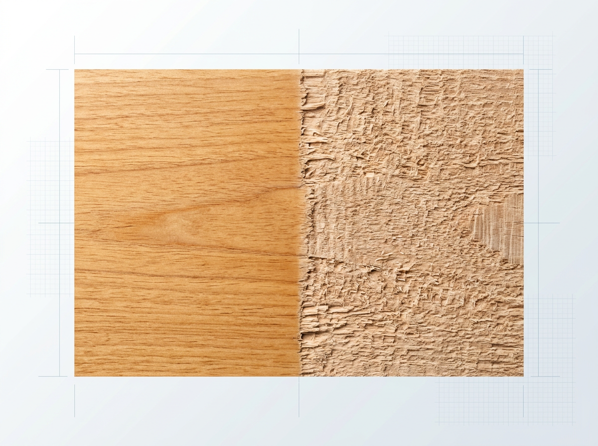 Timber surface split vertically: left side shows smooth intact wood grain with natural honey tones, right side shows coarse furred damage from sandblasting with splintered fibers and destroyed grain structure.