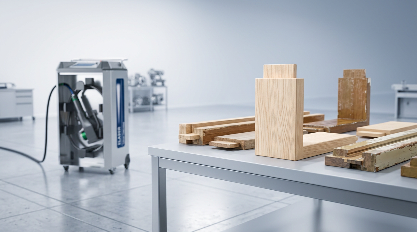 Bright industrial workshop with wooden furniture components on a workbench; one piece shows freshly cleaned bare wood grain ready for bonding, contrasting with adjacent parts still bearing old paint and varnish.
