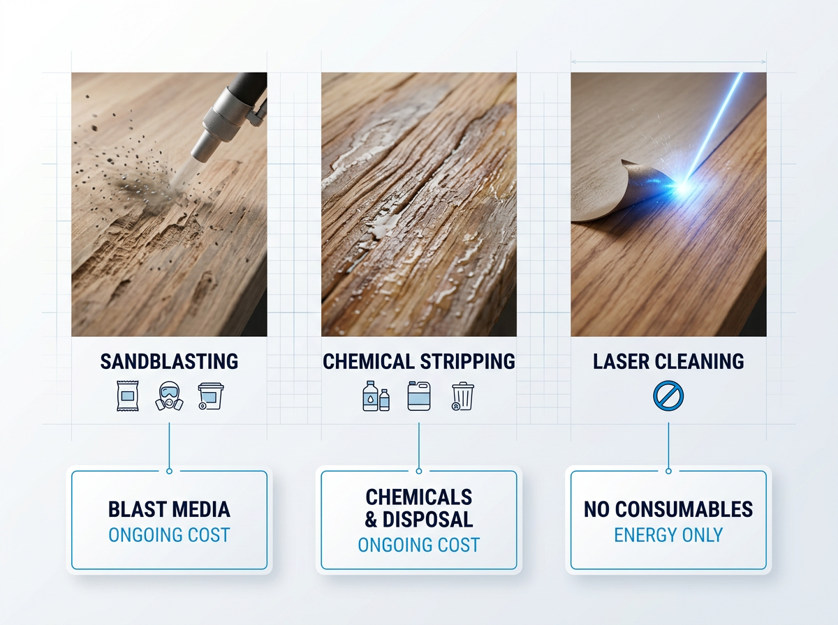Three-column comparison of wood cleaning methods: sandblasting with eroded surface and consumables icons, chemical stripping with raised grain and chemical containers, laser cleaning with pristine wood and zero consumables label.
