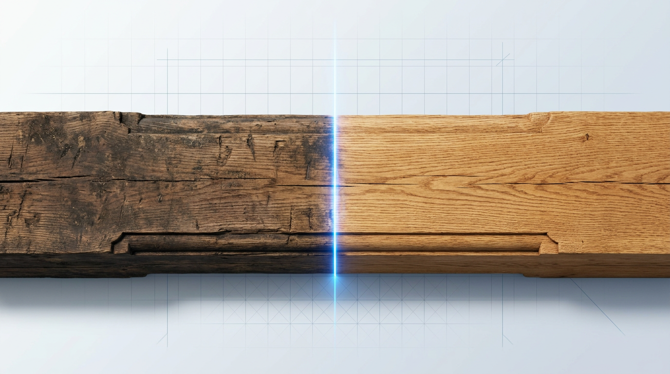 Centuries-old oak beam split vertically showing darkened historic surface on left side and clean honey-gold timber grain on right, with glowing electric blue laser line marking the cleaning boundary.