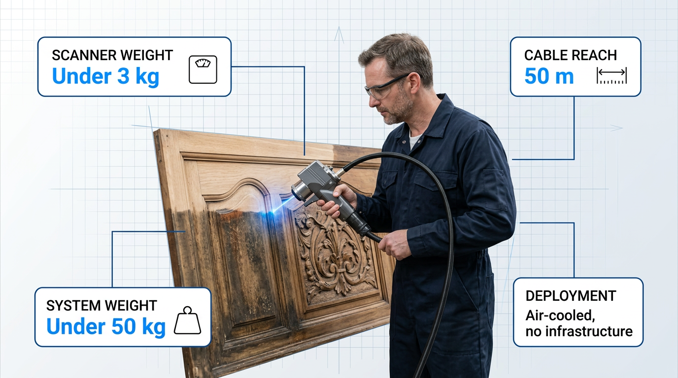 Engineer in dark coveralls holding ELASER handheld scanner on heritage timber surface, with laser contact point glowing electric blue. Fibre cable extends from scanner. Four white containers with blue borders annotate portability specs: scanner weight under 3 kg, cable reach 50 m, system weight under 50 kg, air-cooled deployment.