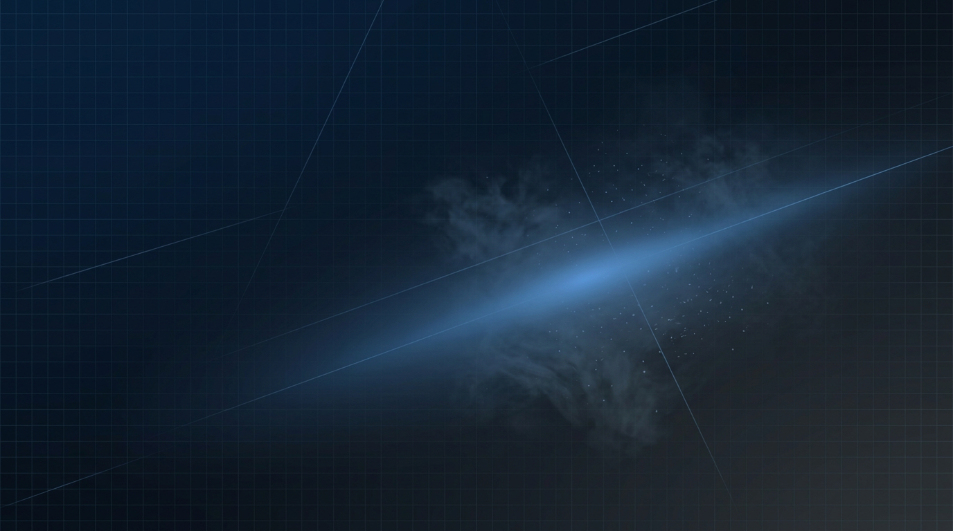 Dark navy-to-charcoal gradient background with diffused electric blue laser glow emanating from center-right, surrounded by subtle grey-blue particle scatter and faint geometric grid lines suggesting precision laser technology in operation.