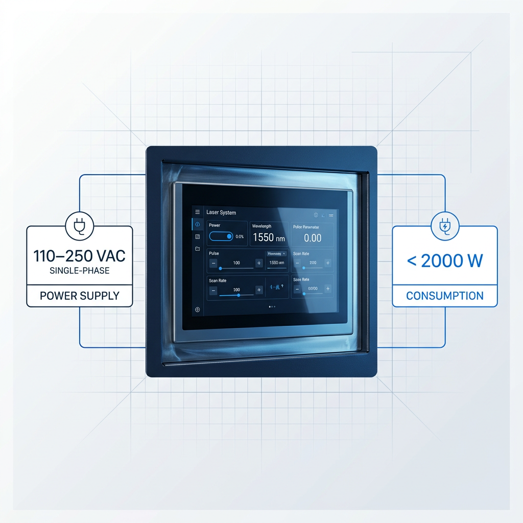 Touchscreen control panel on dark metal enclosure displaying laser system interface with 1550 nm wavelength and power controls, flanked by electrical specification badges showing 110–250 VAC single-phase power supply and under 2000 W consumption.