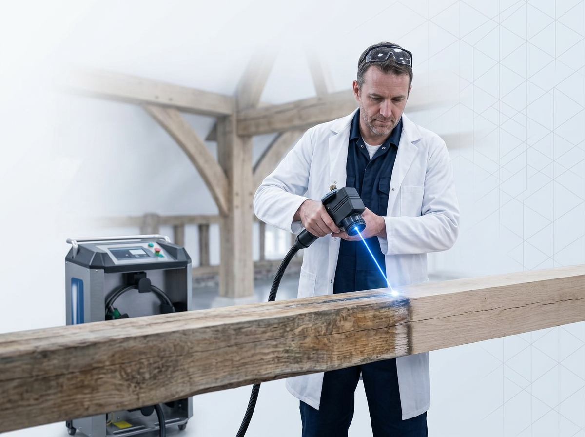 Operator in navy coveralls using ELASER handheld scanner on timber beam inside heritage building, laser beam visible at contact point showing cleaning action.