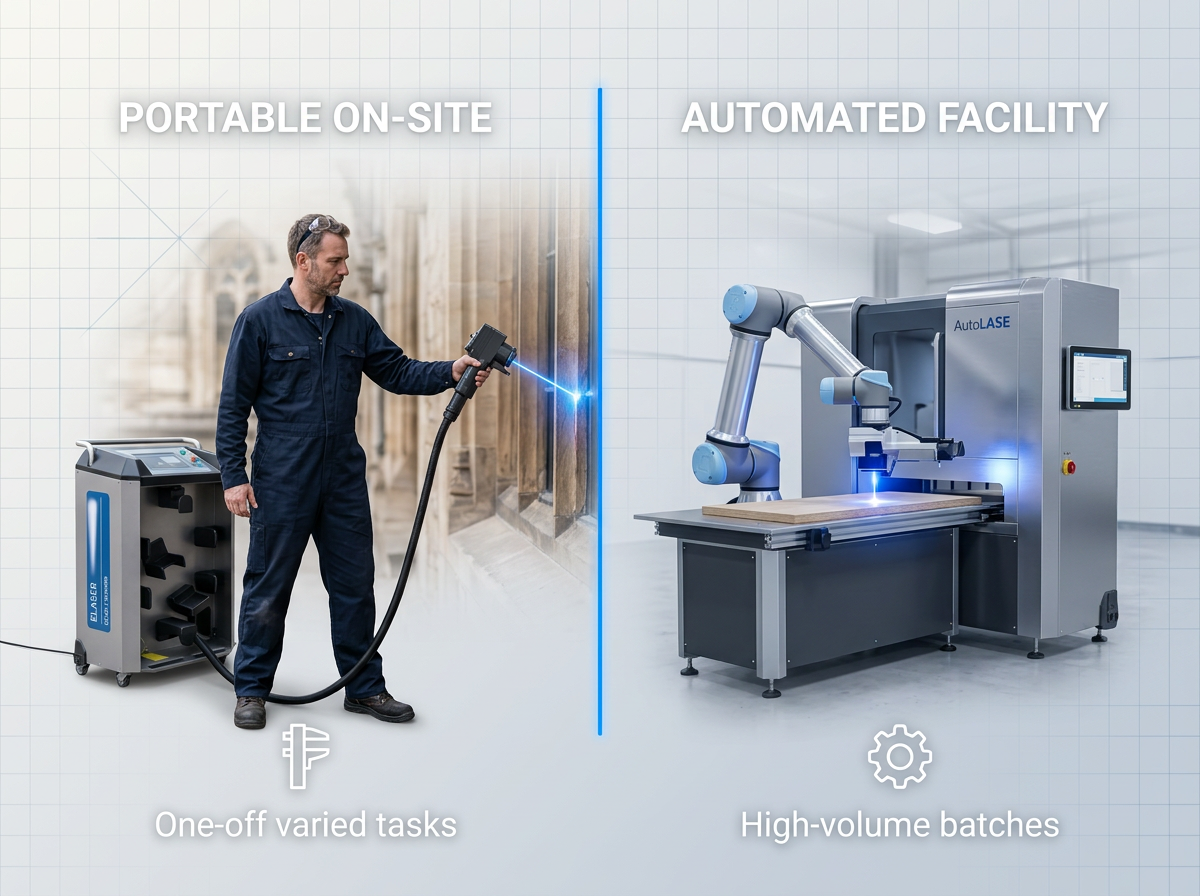 Split composition: left shows engineer in navy coveralls using handheld ELASER laser scanner on timber at heritage site; right shows AutoLASE robotic arm in bright production facility. Minimal labels indicate portable on-site versus automated facility operation.