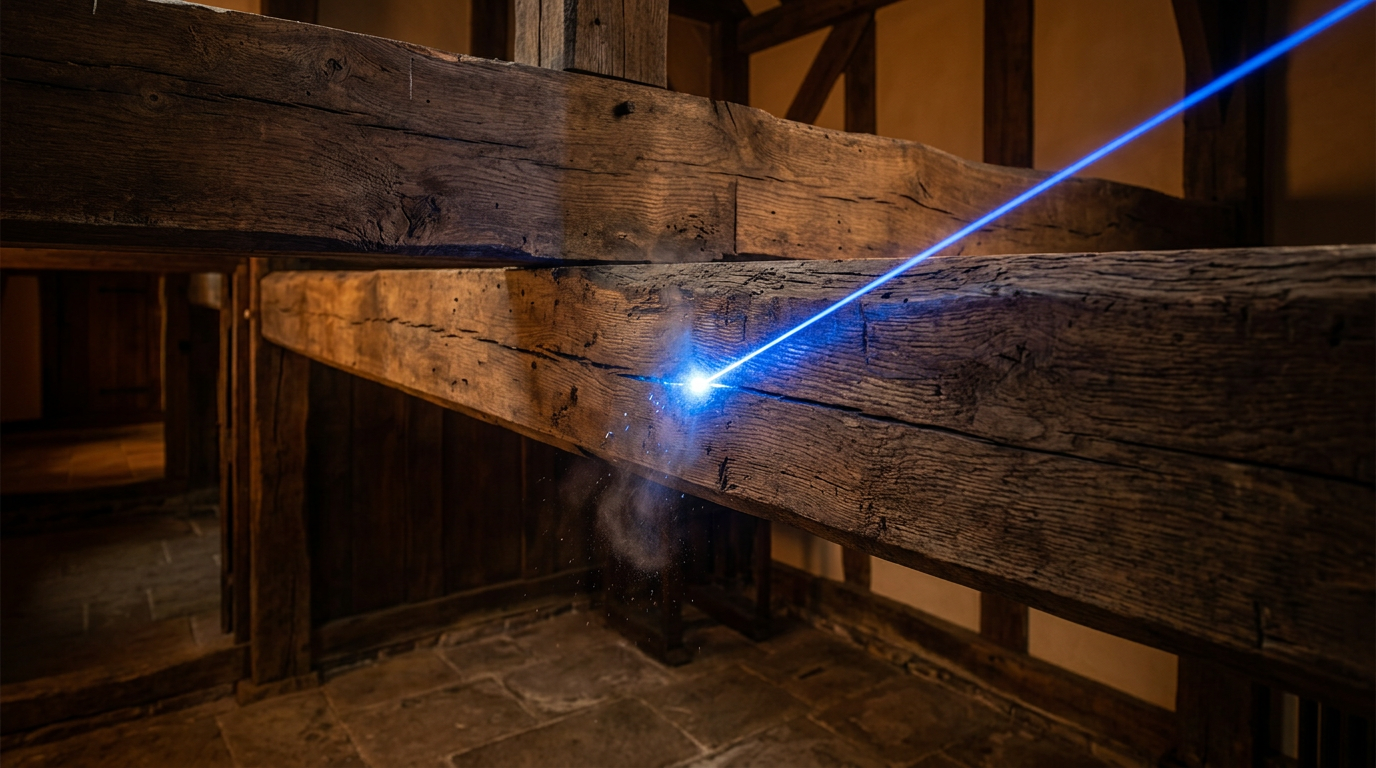 Warm-lit heritage timber interior with large aged wooden beams and a bright electric blue laser beam cutting across the surface at the contact point, surrounded by soft shadows.