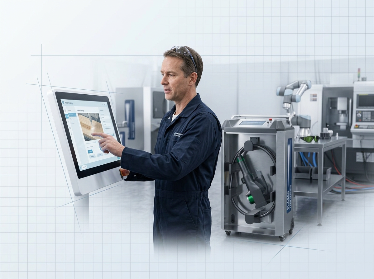 Engineer in dark navy coveralls standing at touchscreen interface beside ELASER laser cleaning machine in bright technical workspace