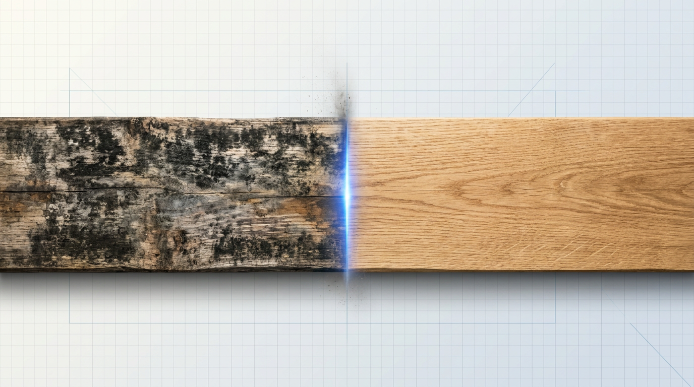 Timber beam split vertically: left half shows dark mould growth on oak surface; right half displays clean bare wood grain with electric blue glow at the dividing line indicating laser cleaning action.