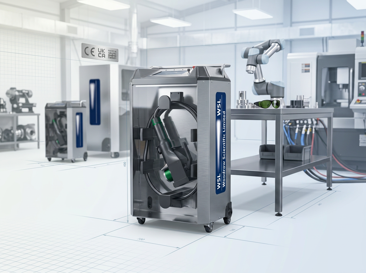 Precision engineering workshop interior featuring an ELASER laser cleaning machine with CE and UKCA certification badges mounted on workshop walls, representing UK manufacturing quality and regulatory compliance.