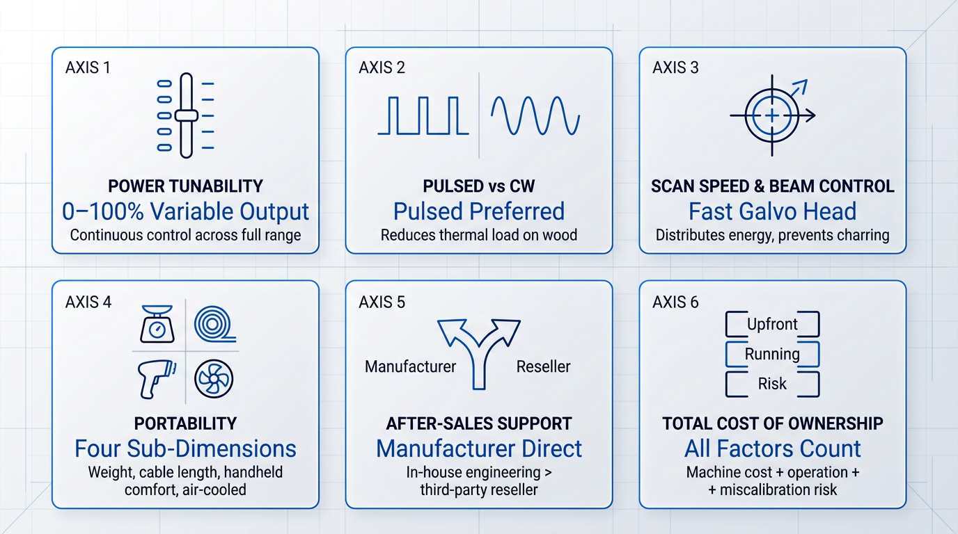 Six-panel evaluation framework for laser wood cleaning machines: power tunability (0-100% variable output), pulsed vs continuous-wave operation (pulsed preferred), scan speed and beam control (fast galvanometer head), portability (four sub-dimensions: weight, cable length, handheld comfort, air-cooled), after-sales support (manufacturer direct vs reseller), and total cost of ownership (machine cost, running costs, miscalibration risk).
