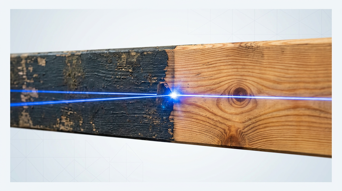 Wooden timber beam mid-laser-cleaning with bright electric blue laser line cutting through dark paint to reveal clean natural wood grain beneath, demonstrating laser machine efficacy on wood surfaces without damage.