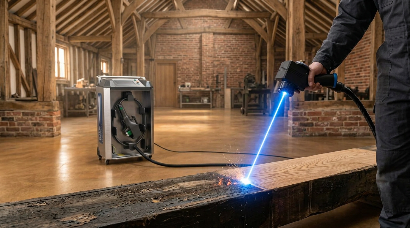 Laser cleaning system in active use on darkened timber beam in British workshop, with electric blue laser beam revealing natural wood grain beneath old coating, technician operating handheld scanner head connected to ELASER machine.