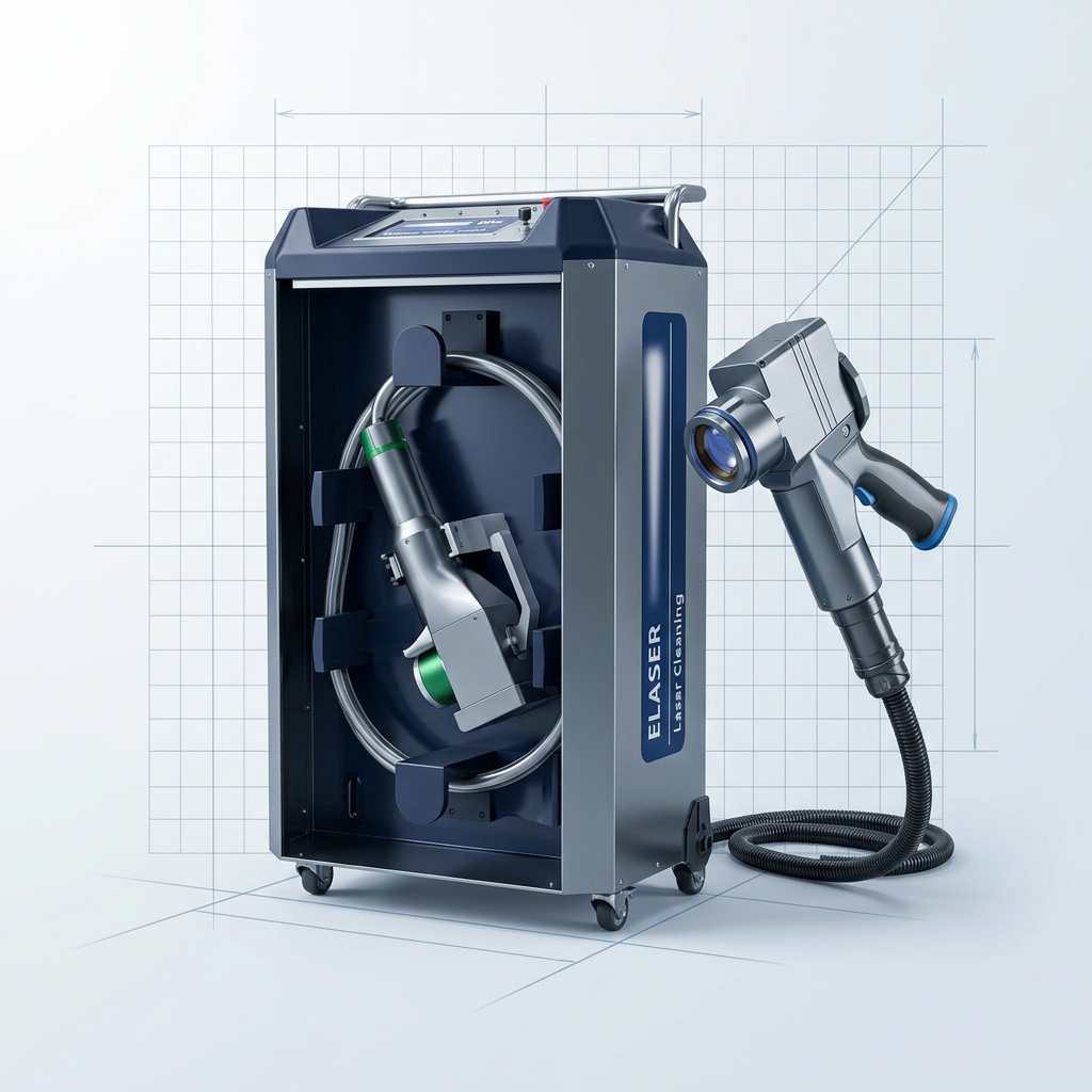 ELASER portable laser cleaning system showing wheeled main unit with control panel and handheld scanner under 3 kg, connected by fiber delivery cable on light technical background.