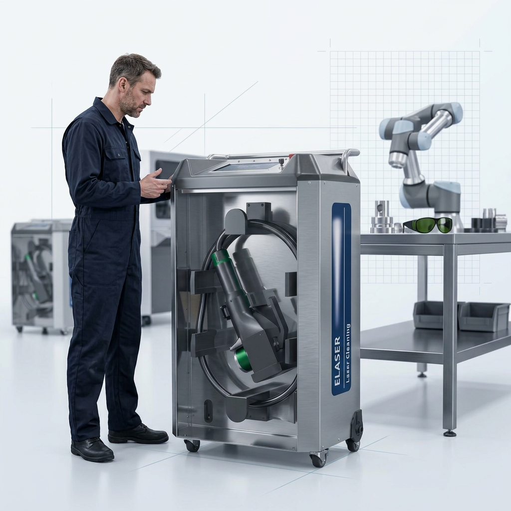 Engineer in navy coveralls standing beside ELASER laser cleaning machine in bright workshop, conveying technical expertise and approachability