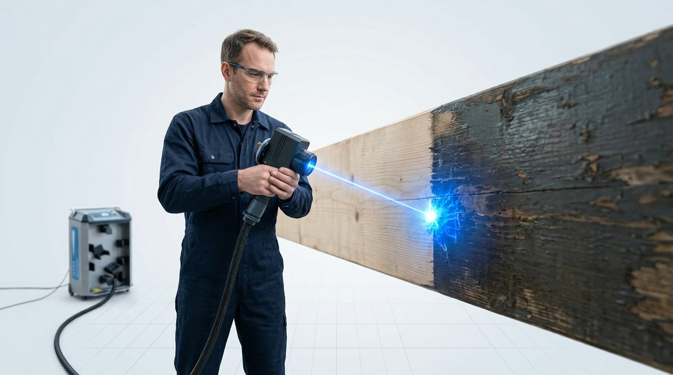 Technician using handheld ELASER laser scanner on exposed timber beam at building site, with bright electric blue laser beam visible striking the wood surface and removing contamination layer by layer.