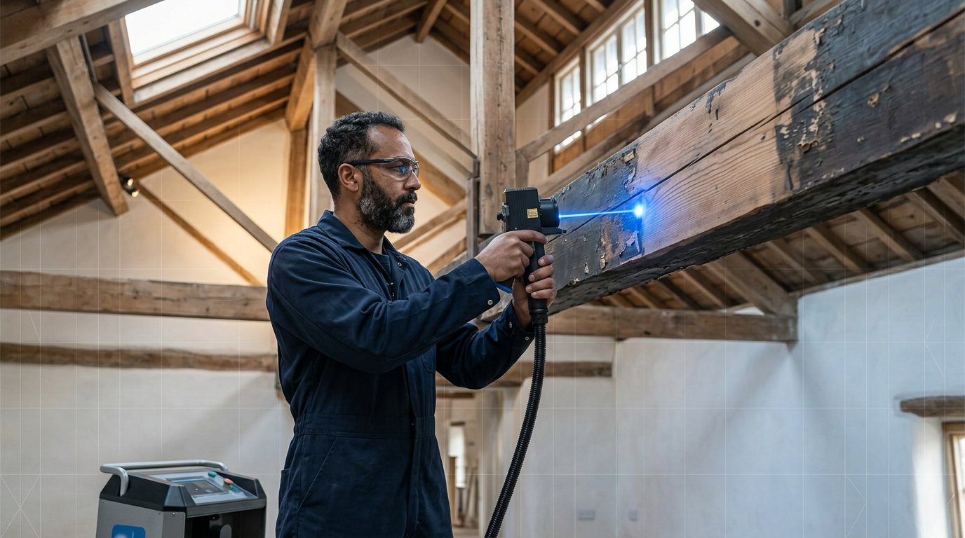 Operator in navy coveralls using handheld ELASER-RHZ laser scanner on darkened timber beam in heritage building interior, laser point glowing electric blue as old paint lifts to reveal clean wood grain beneath.