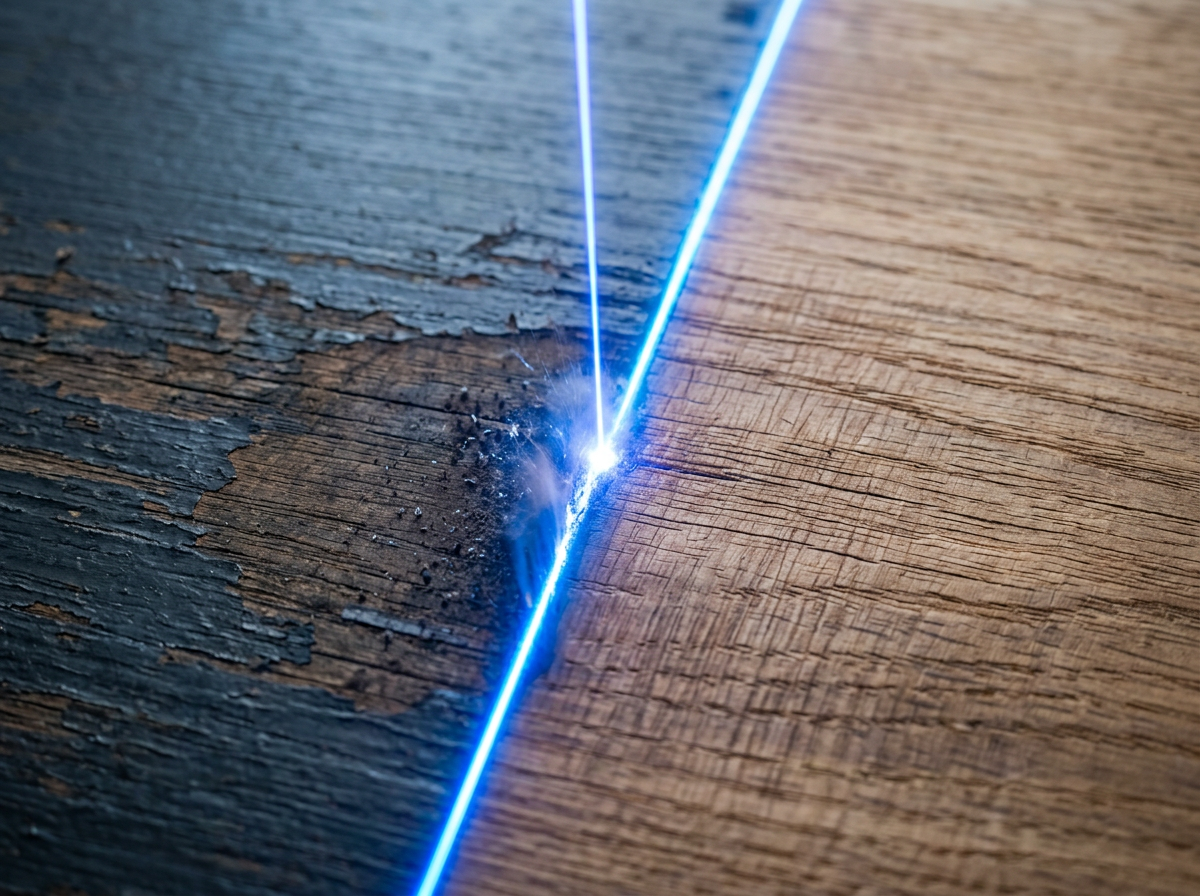 Close-up of timber surface split vertically: left side shows dark aged wood with coating intact, right side reveals clean natural wood grain with electric blue laser beam at the dividing line actively lifting the contaminant.