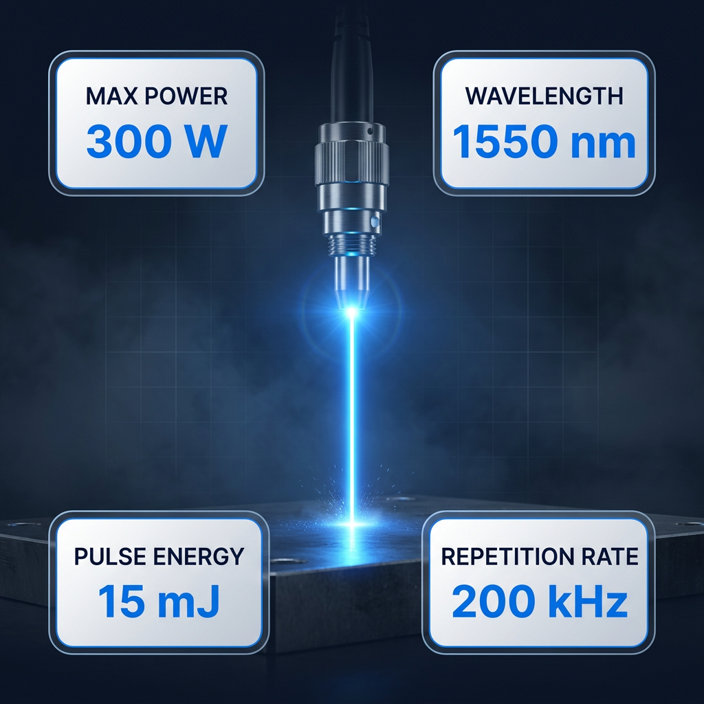 Fiber laser beam output glowing electric blue at its emission point, with four performance specification badges positioned around the beam displaying 300 W max power, 1550 nm wavelength, 15 mJ pulse energy, and 200 kHz repetition rate.