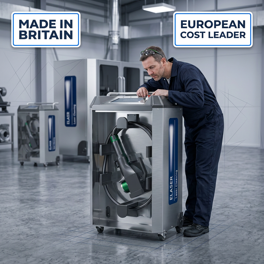 British engineer in navy coveralls inspecting ELASER laser cleaning system in bright industrial workshop, with 'Made in Britain' and 'European Cost Leader' badges overlaid.
