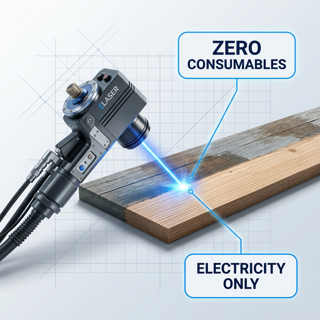 ELASER laser cleaning scanner head operating on timber surface with electric blue laser beam at contact point, clean bare wood visible where coating is removed, two white badges reading 'Zero consumables' and 'Electricity only' positioned to the right