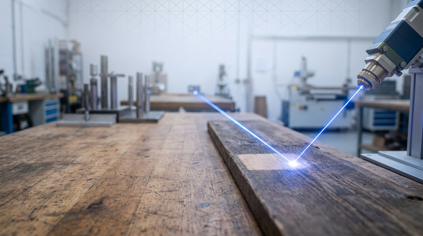 British manufacturing workshop with timber surfaces lit by a focused electric blue laser beam creating a bright contact point on wood, suggesting precision cleaning in an industrial setting.