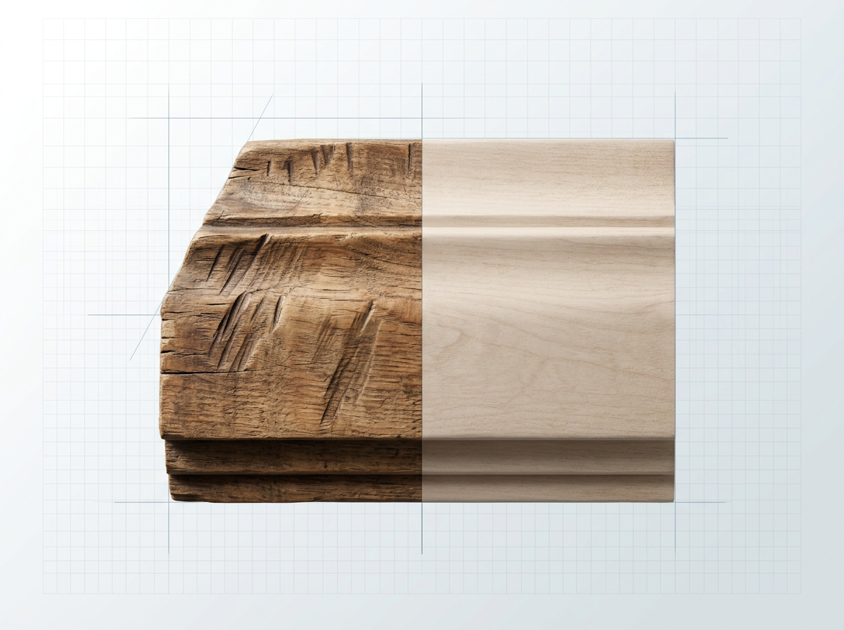Close-up of timber section divided vertically: left side shows original aged wood with deep tool marks and rich patina; right side shows same wood after sanding, completely flat and featureless.