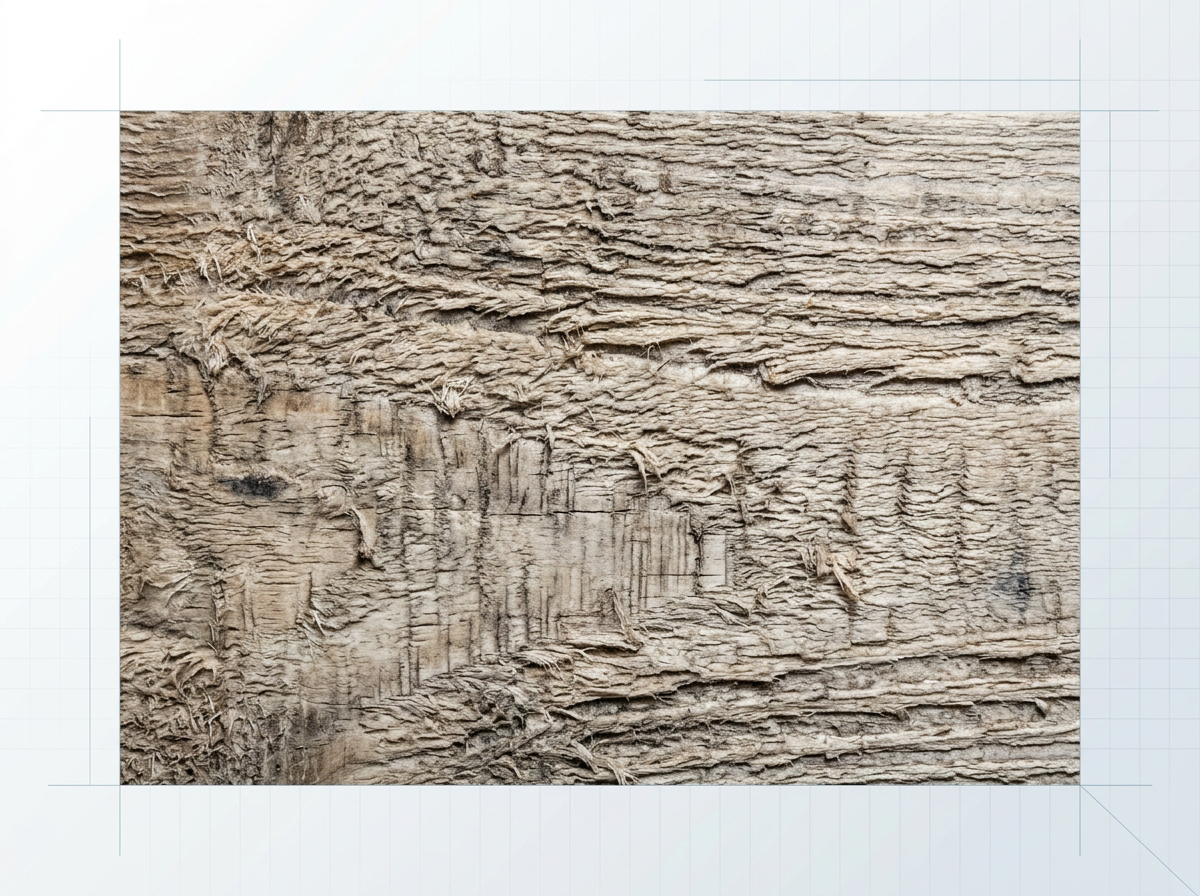 Close-up of timber surface showing raised grain, swollen fibres, and discolouration from chemical stripping damage, with fuzzy texture and visible residue staining.