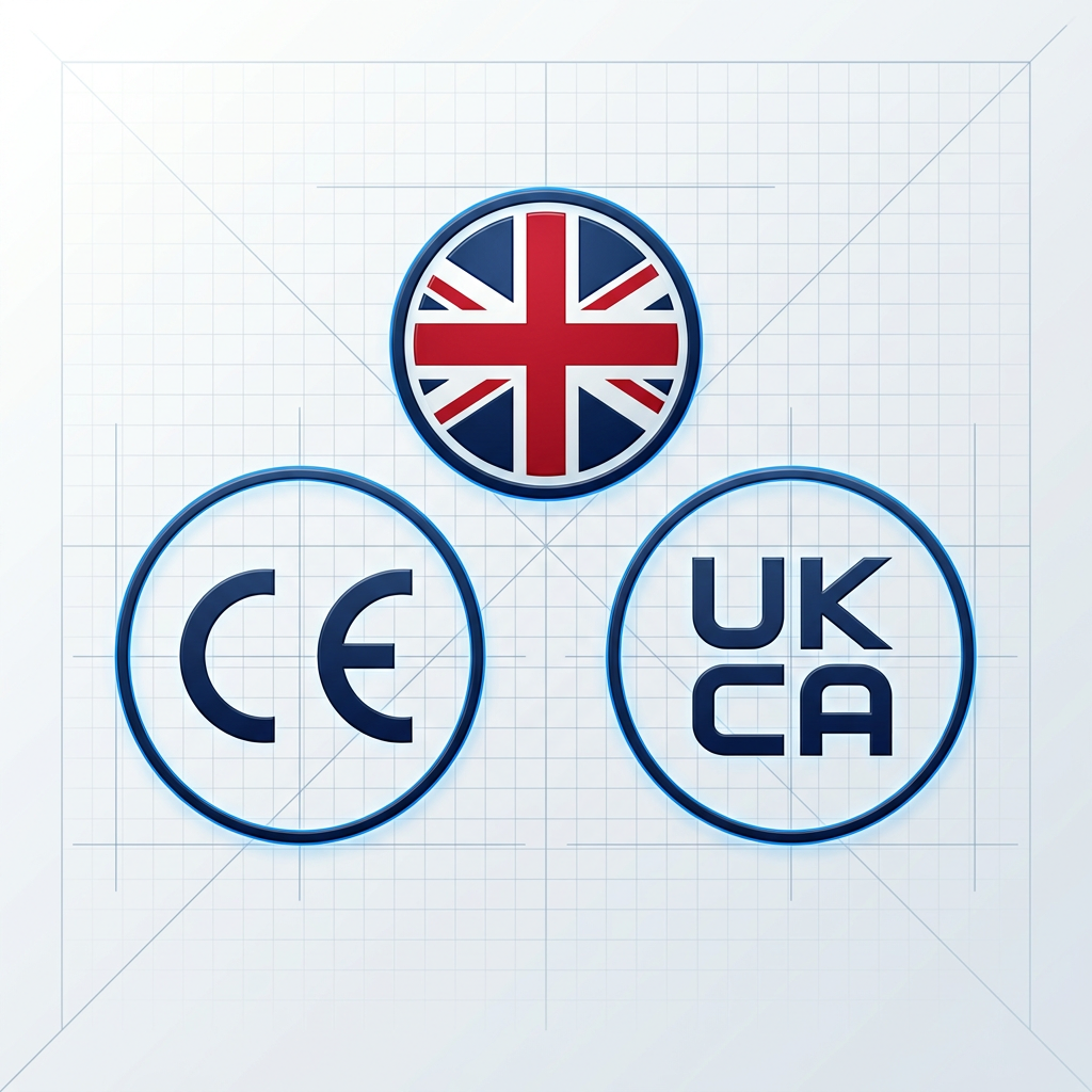 Three certification badges arranged in triangular composition: CE mark on lower left, UKCA mark on lower right, and Union Jack Made in Britain emblem centered above, each rendered as precise navy seals with electric blue borders against light technical background.