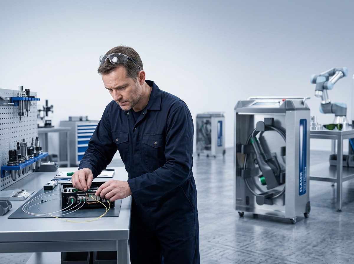 Engineer in navy coveralls working hands-on with precision optical components at a workbench, with an assembled ELASER laser cleaning machine visible in the workshop background.