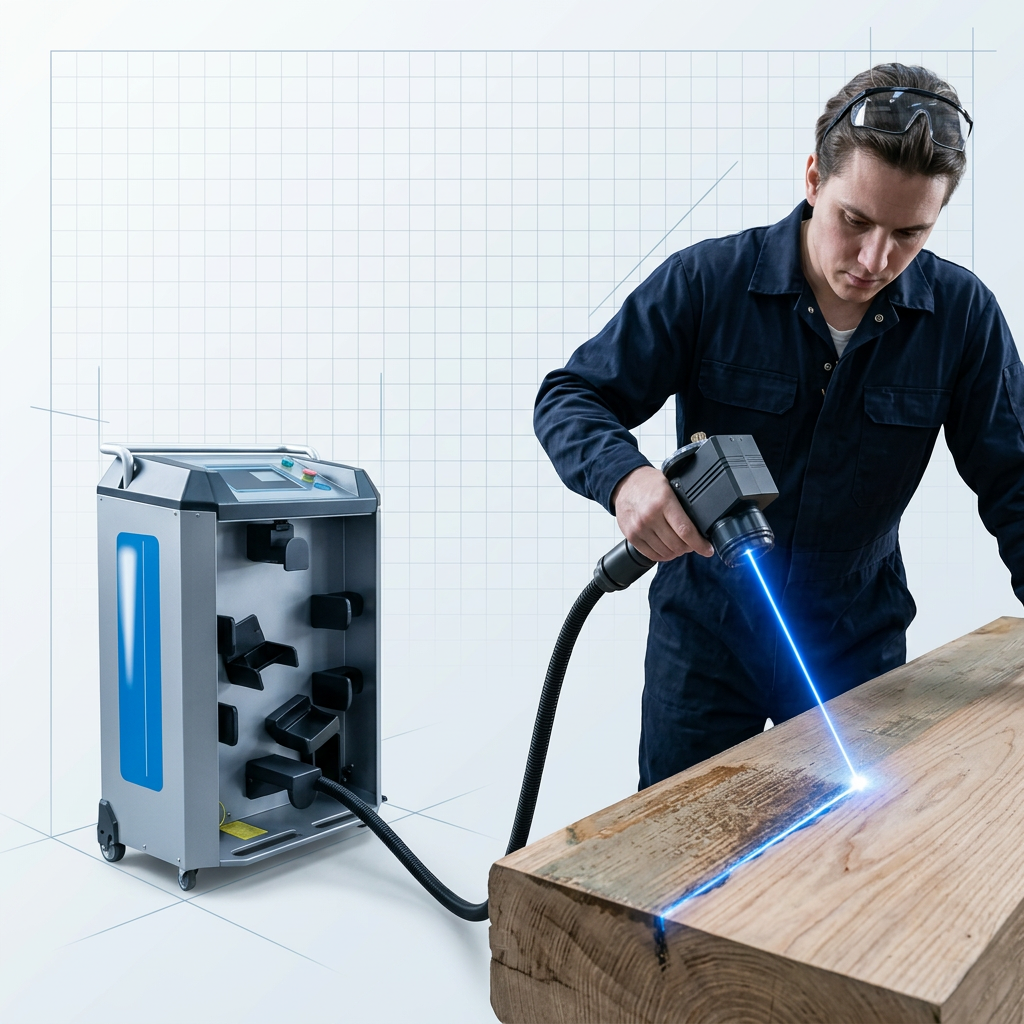ELASER laser cleaning machine in operation on wood component, technician holding scanner head with electric blue laser beam striking wood surface, fiber cable extended from machine, stark contrast between cleaned and untreated wood grain.