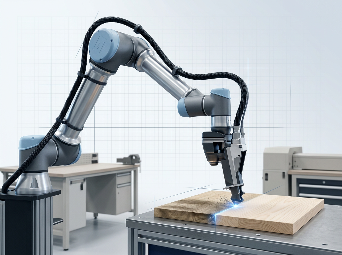 AutoLASE robotic arm with laser cleaning head positioned over wood component in production workshop, showing before/after surface cleaning contrast with electric blue laser glow at contact point.