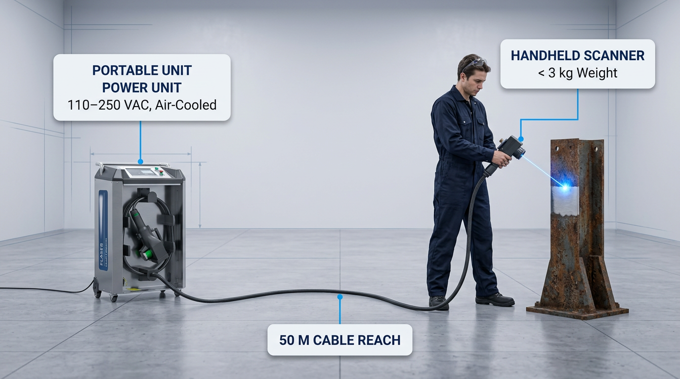 Industrial workshop showing ELASER-RHZ wheeled power unit on left, extended fibre cable across floor, operator in dark coveralls on right holding handheld laser scanner directed at corroded metal pole, with electric blue laser beam visible at contact point and cleaned bare metal adjacent to rust.