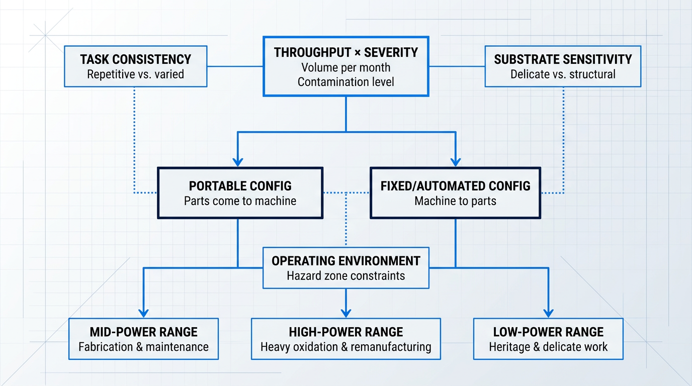 Decision flowchart showing five-variable laser system selection framework: throughput and severity at top branching to portable and fixed configurations, with task consistency, substrate sensitivity, and operating environment as cross-cutting constraints that override other selections.