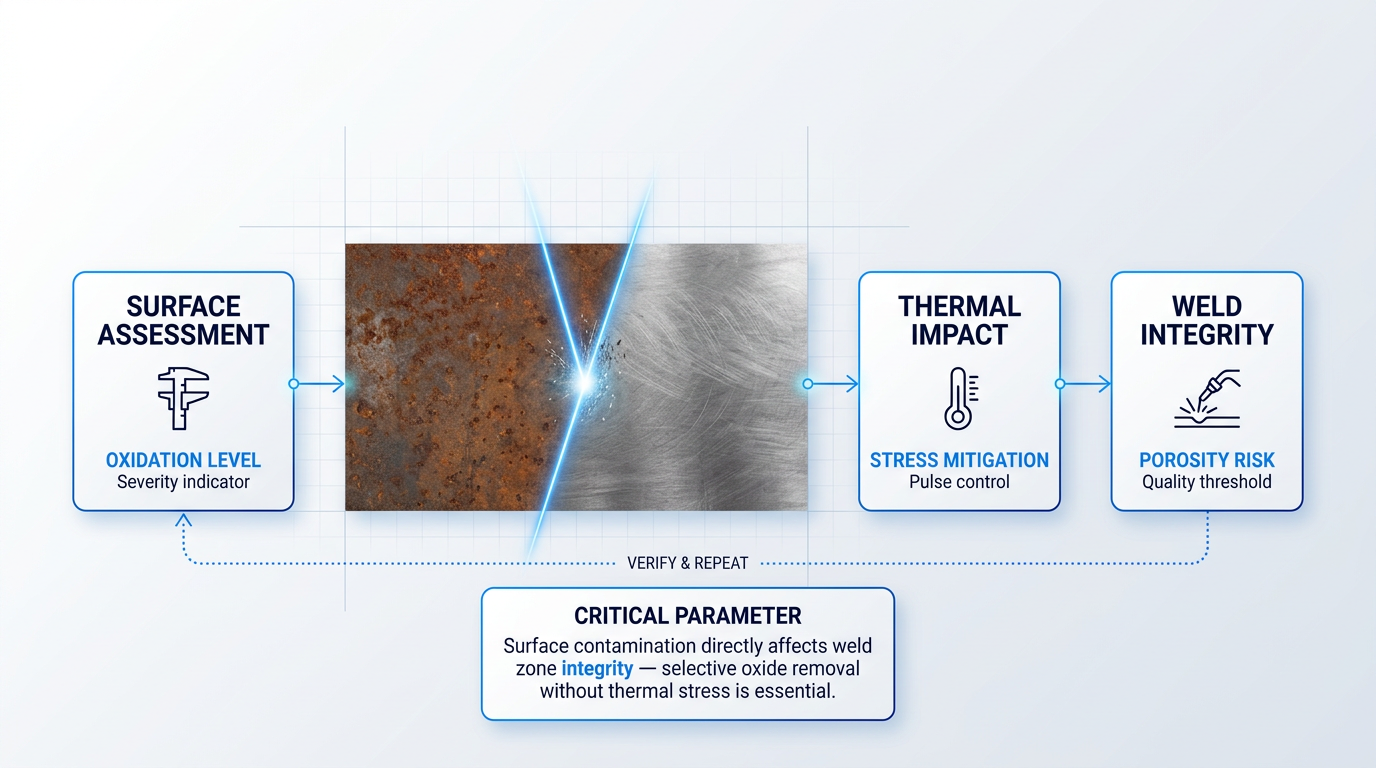 Three-stage pre-weld surface prep flow showing rusted steel cleaned by laser beam to bare metal, with process stages labeled surface assessment, thermal impact, and weld integrity connected by directional arrows.