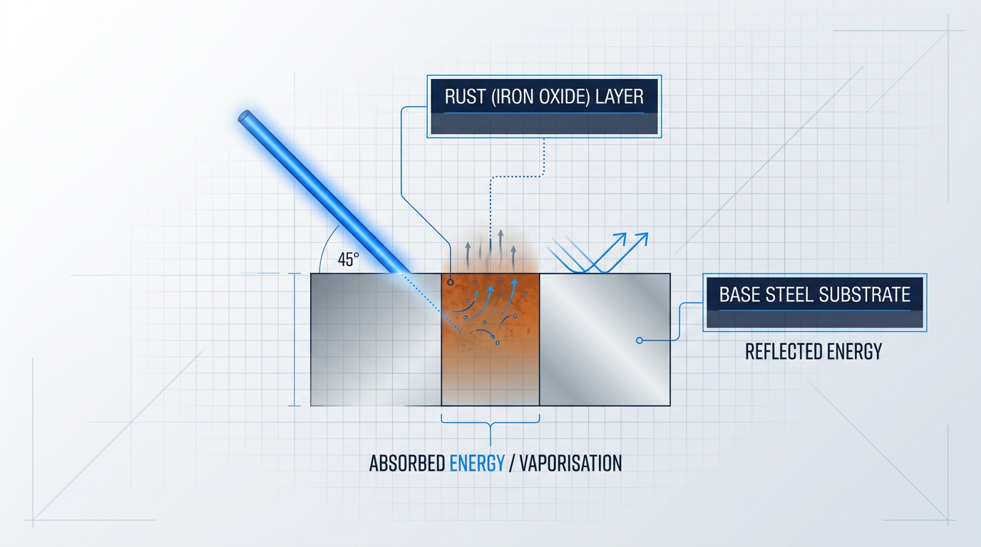 Cross-sectional diagram showing laser beam striking rusted steel surface, with rust layer absorbing and vaporizing energy while clean base metal reflects the beam away.
