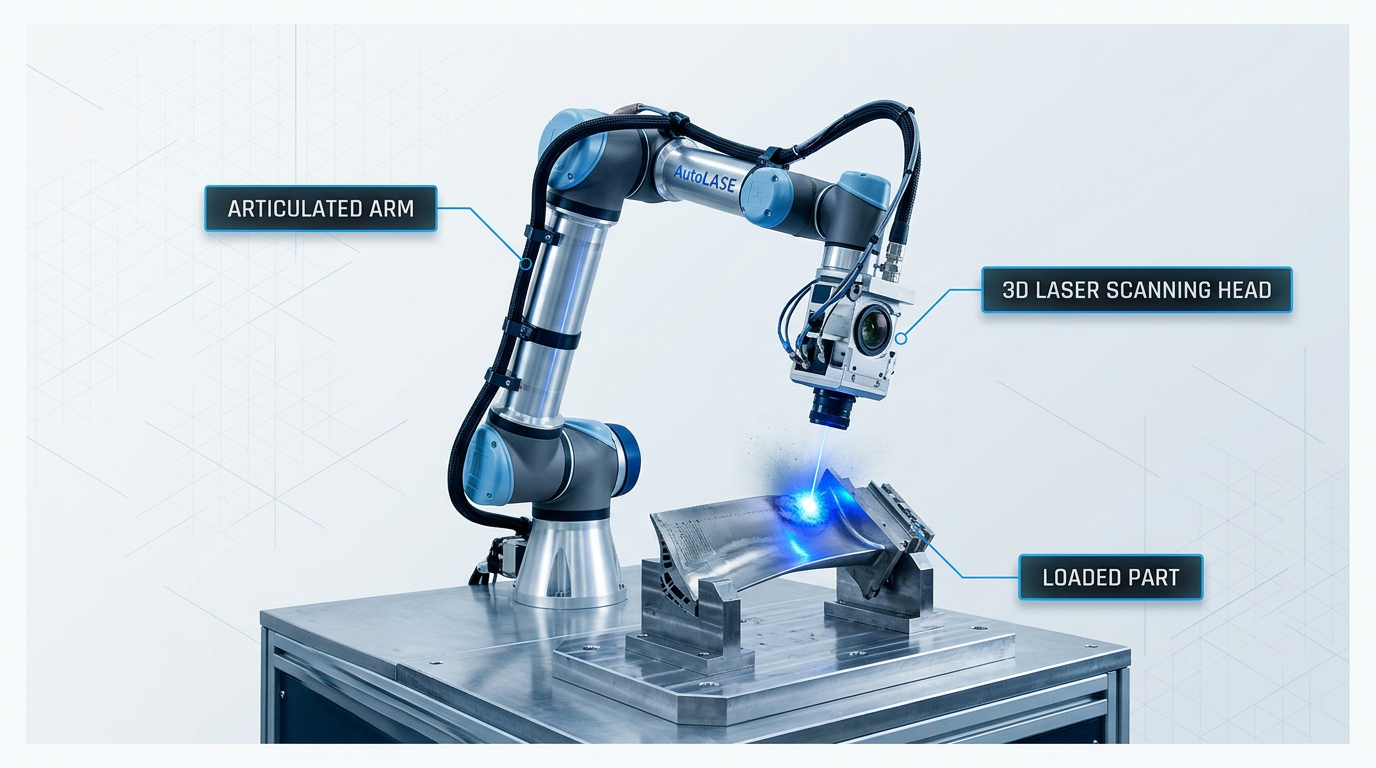 AutoLASE robotic laser cleaning system with articulated arm positioned over a loaded metal part, laser contact point glowing electric blue during cleaning cycle