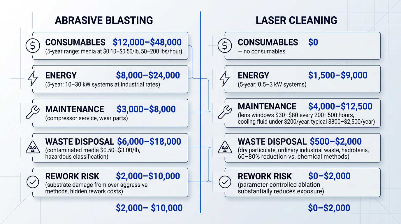 Side-by-side five-year TCO comparison showing abrasive blasting costs ($31,000–$108,000 total) versus laser cleaning costs ($6,000–$25,500 total) across consumables, energy, maintenance, waste disposal, and rework risk categories.