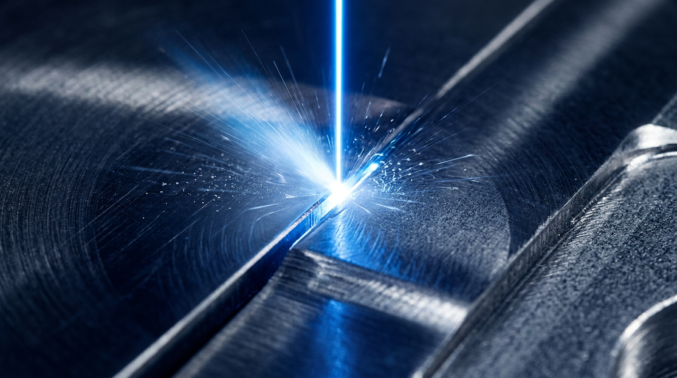 Close-up of a focused electric blue laser beam ablating a metallic surface, with sharp white highlights and particle spray radiating from the contact point against deep steel and navy tones.