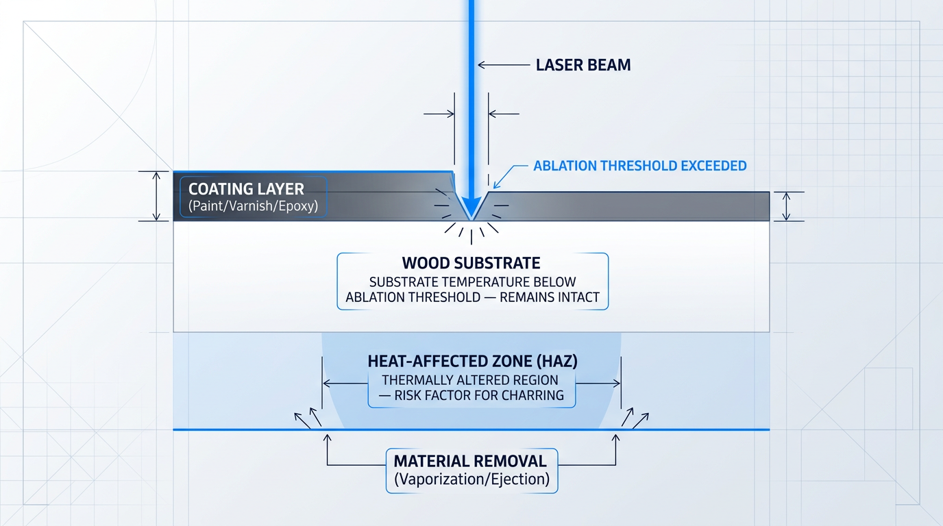 Cross-section diagram of laser ablation on coated wood showing laser beam striking coating layer, heat-affected zone surrounding ablation point, and intact wood substrate beneath.