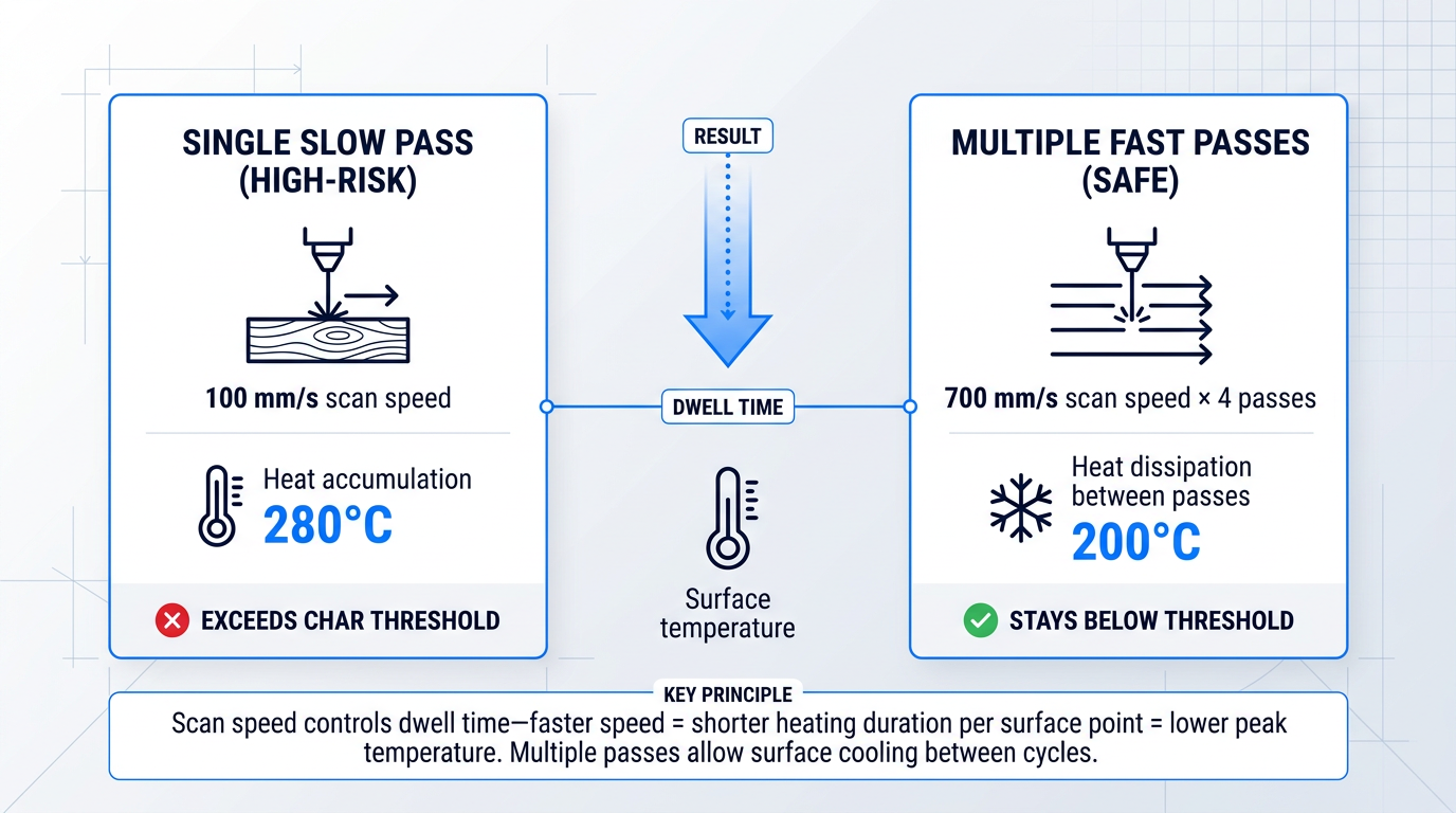 Comparison infographic showing single slow pass versus multiple fast passes for laser wood stripping, with temperatures and char threshold safety indicators.
